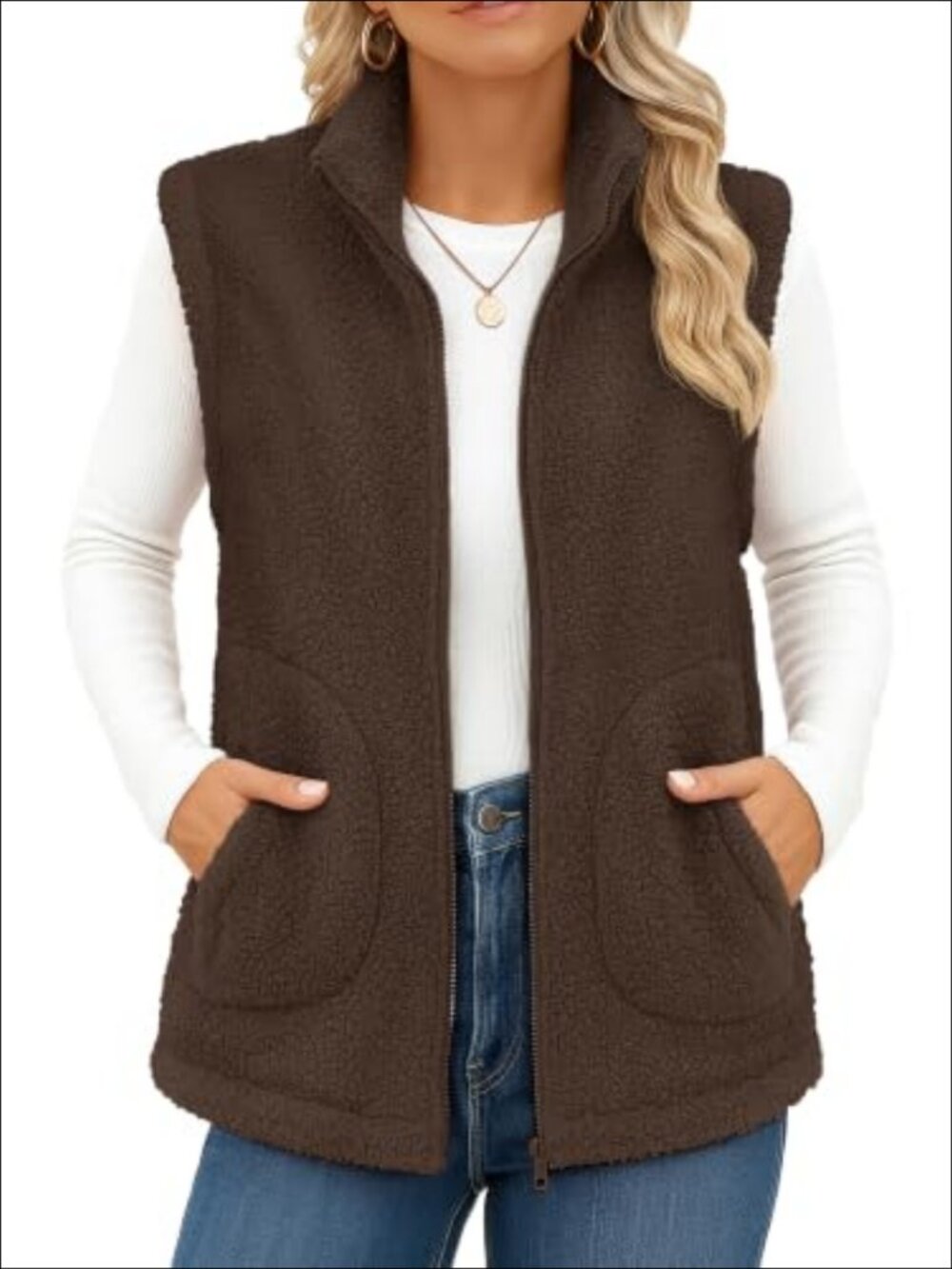 Sherpa Fleece Zip Up Vest Sleeveless Fuzzy Winter Outerwear